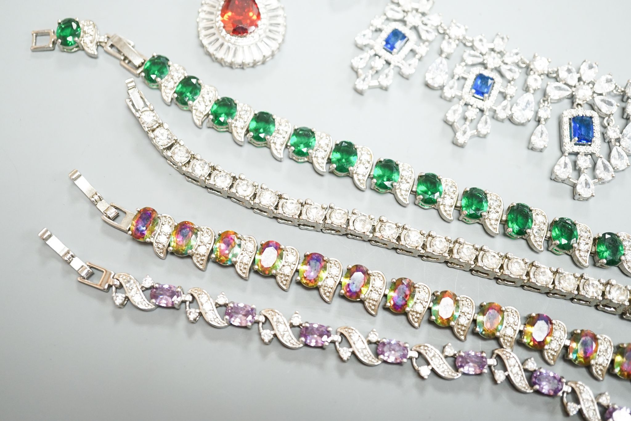 A small group of 925 or white metal and paste set jewellery, including necklaces, bracelets and earrings.